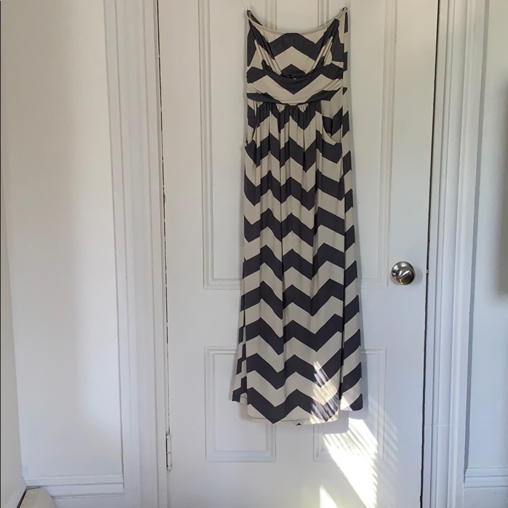 Strapless gray chevron maxi dress